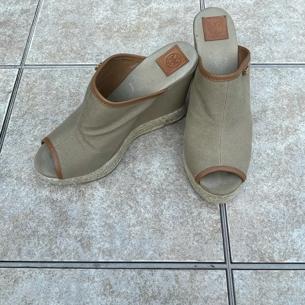 Tory Burch Beige Canvas Wedge Espadrille Mules